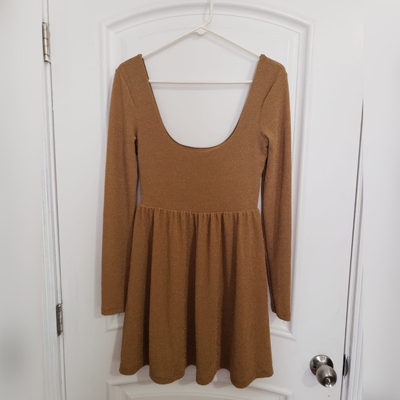 Free People Dresses & Skirts - Free People Gold Shimmer Skater Mini Dress Sz M